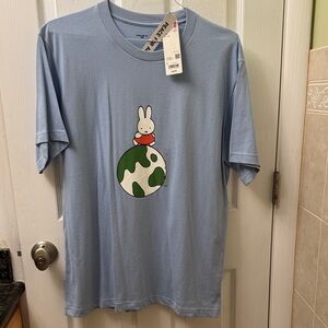 Uniqlo Light Blue Tee with Bunny and Globe Design